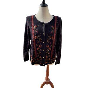 Vintage-Inspired Crystal Kobe Embroidered Black Cardigan Sweater With Floral Des